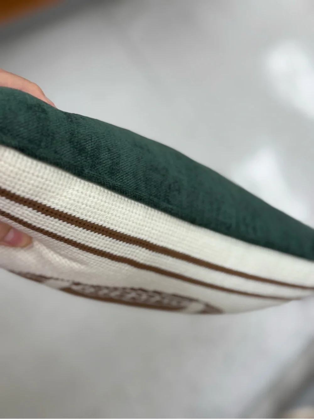 Needlepoint Football Pillow in Cream and Brown with Green Trim
